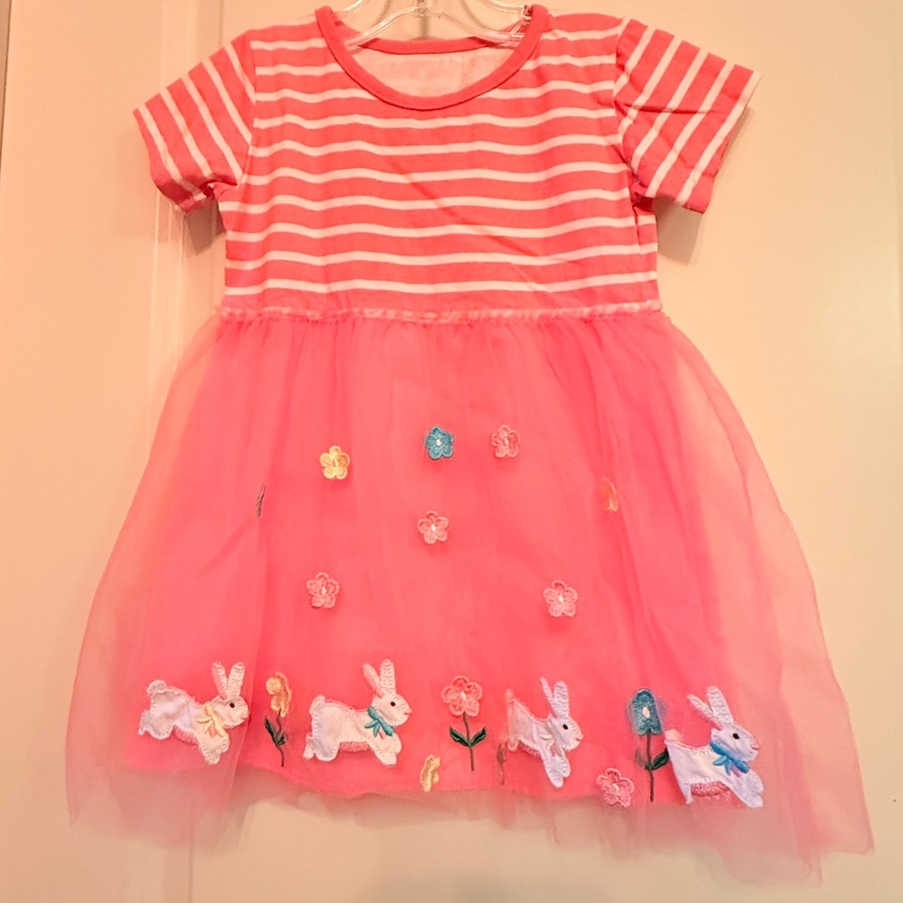 Tutu‎ Dress Kids 4Y Pink Excellent Striped Bunny Embroidered Mesh Skirt
